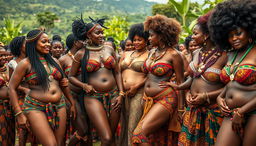 A vibrant and colorful scene featuring hundreds of sexy women from an African tribe, showcasing voluptuous figures and exuding sensuality