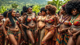 A vibrant and colorful scene featuring hundreds of sexy women from an African tribe, showcasing voluptuous figures and exuding sensuality