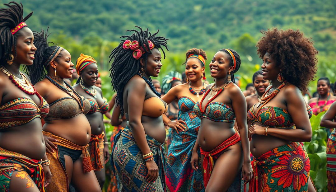 A vibrant and colorful scene featuring hundreds of sexy women from an African tribe, showcasing voluptuous figures and exuding sensuality