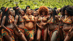 A vibrant and colorful scene featuring hundreds of sexy women from an African tribe, showcasing voluptuous figures and exuding sensuality