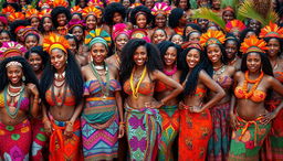 A vibrant and dynamic scene showcasing hundreds of sexy women from an African tribe, each adorned in culturally rich and colorful tribal clothing that highlights their voluptuous figures