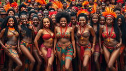 A vibrant and dynamic scene showcasing hundreds of sexy women from an African tribe, each adorned in culturally rich and colorful tribal clothing that highlights their voluptuous figures