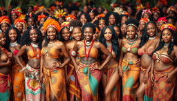 A vibrant and dynamic scene showcasing hundreds of sexy women from an African tribe, each adorned in culturally rich and colorful tribal clothing that highlights their voluptuous figures