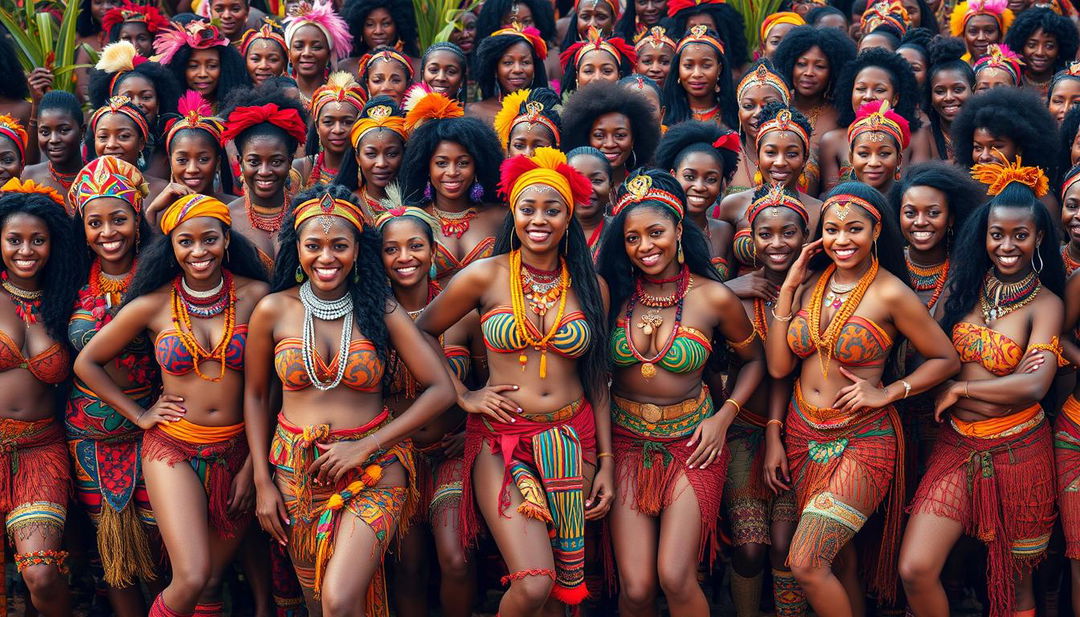 A vibrant and dynamic scene showcasing hundreds of sexy women from an African tribe, each adorned in culturally rich and colorful tribal clothing that highlights their voluptuous figures