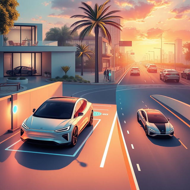 An imaginative depiction of a world where electric vehicles charge automatically using revolutionary wireless charging technology