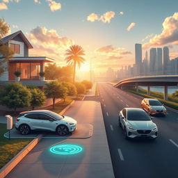 An imaginative depiction of a world where electric vehicles charge automatically using revolutionary wireless charging technology