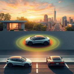 An imaginative depiction of a world where electric vehicles charge automatically using revolutionary wireless charging technology