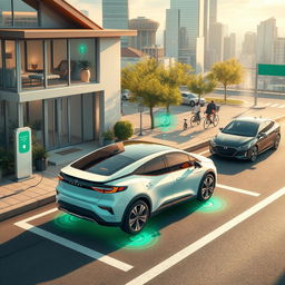 An imaginative depiction of a world where electric vehicles charge automatically using revolutionary wireless charging technology