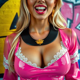 A stunning close-up portrait of a gorgeous blonde woman, showcasing her upper body in a striking pink latex dress adorned with white lace trim