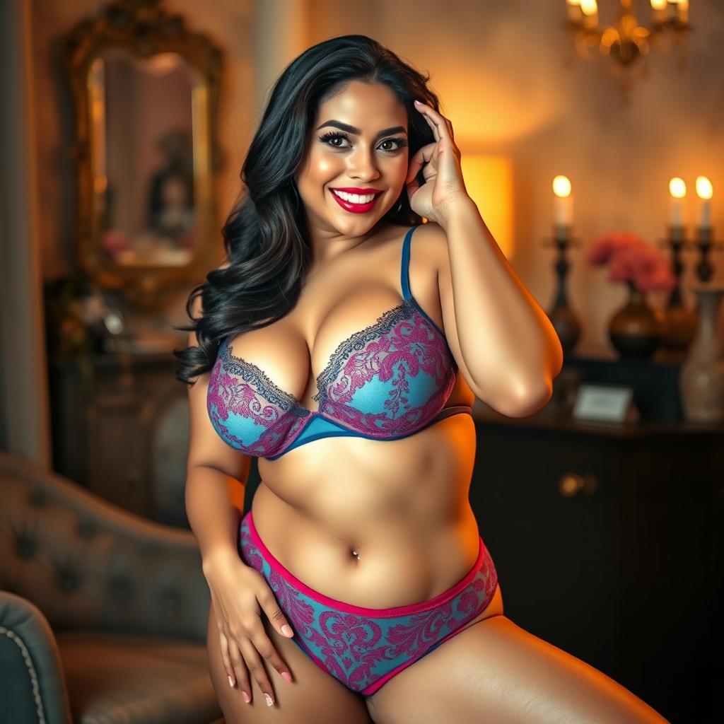 A sultry thick Latina woman modeling lingerie in a stylish setting, showcasing intricate lace details and vibrant colors of her outfit