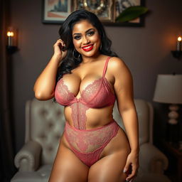 A sultry thick Latina woman modeling lingerie in a stylish setting, showcasing intricate lace details and vibrant colors of her outfit