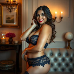 A sultry thick Latina woman modeling lingerie in a stylish setting, showcasing intricate lace details and vibrant colors of her outfit