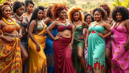 A vibrant and captivating scene featuring hundreds of sexy women from Africa, each showcasing their voluptuous figures with grace and confidence