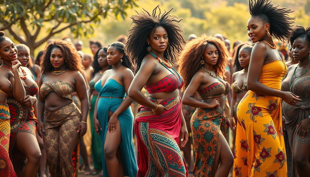 A vibrant and captivating scene featuring hundreds of sexy women from Africa, each showcasing their voluptuous figures with grace and confidence