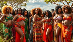 A vibrant and captivating scene featuring hundreds of sexy women from Africa, each showcasing their voluptuous figures with grace and confidence