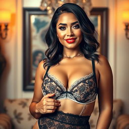 A short, thick Latina woman modeling lingerie in a stylish and artistic manner, highlighting the unique design patterns and textures of her outfit