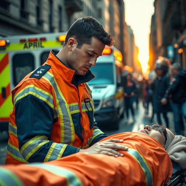 A highly detailed and realistic portrayal of a paramedic in action