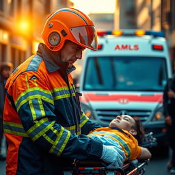 A highly detailed and realistic portrayal of a paramedic in action