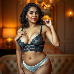 A short, curvy Latina woman modeling chic lingerie, emphasizing her body shape and the unique designs of the outfit