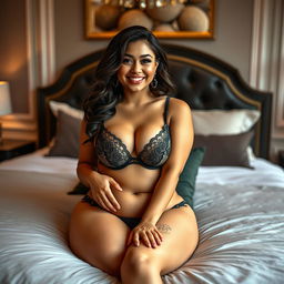 A very short curvy Latina woman sitting on a stylish bed, showcasing fashionable lingerie that flatters her body shape