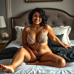 A very short curvy Latina woman sitting on a stylish bed, showcasing fashionable lingerie that flatters her body shape