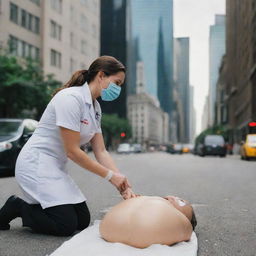 A nurse wearing a mask, administering resuscitation to a patient on a busy street surrounded by tall buildings.