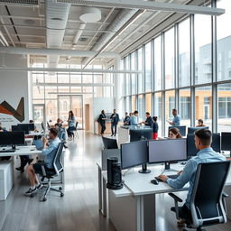 A sleek and modern corporate office of a technology company, featuring an open floor plan with large glass windows letting in natural light