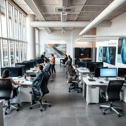 A sleek and modern corporate office of a technology company, featuring an open floor plan with large glass windows letting in natural light