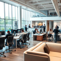 A sleek and modern corporate office of a technology company, featuring an open floor plan with large glass windows letting in natural light