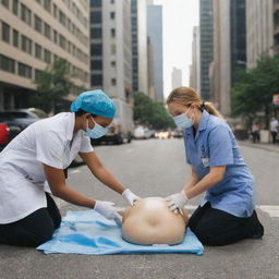 A nurse wearing a mask, administering resuscitation to a patient on a busy street surrounded by tall buildings.