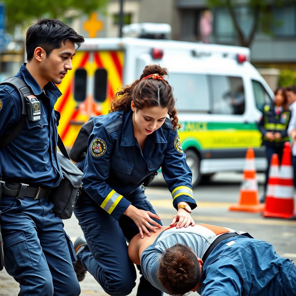 A dynamic scene depicting a male and female paramedic team in action, wearing distinctive dark blue uniforms with reflective strips