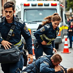 A dynamic scene depicting a male and female paramedic team in action, wearing distinctive dark blue uniforms with reflective strips