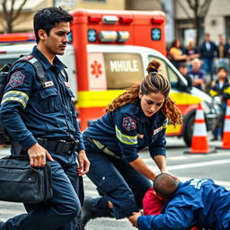 A dynamic scene depicting a male and female paramedic team in action, wearing distinctive dark blue uniforms with reflective strips