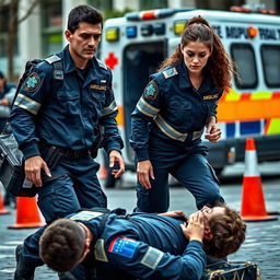 A dynamic scene depicting a male and female paramedic team in action, wearing distinctive dark blue uniforms with reflective strips