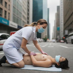 A nurse wearing a mask, administering resuscitation to a patient on a busy street surrounded by tall buildings.