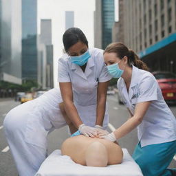 A nurse wearing a mask, administering resuscitation to a patient on a busy street surrounded by tall buildings.