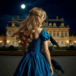 A beautiful woman with flowing blonde hair seen from behind, standing in front of the Palace of Versailles at night