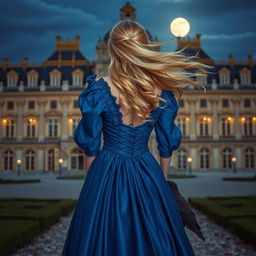 A beautiful woman with flowing blonde hair seen from behind, standing in front of the Palace of Versailles at night