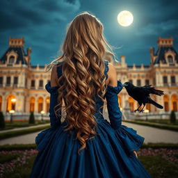 A beautiful woman with flowing blonde hair seen from behind, standing in front of the Palace of Versailles at night