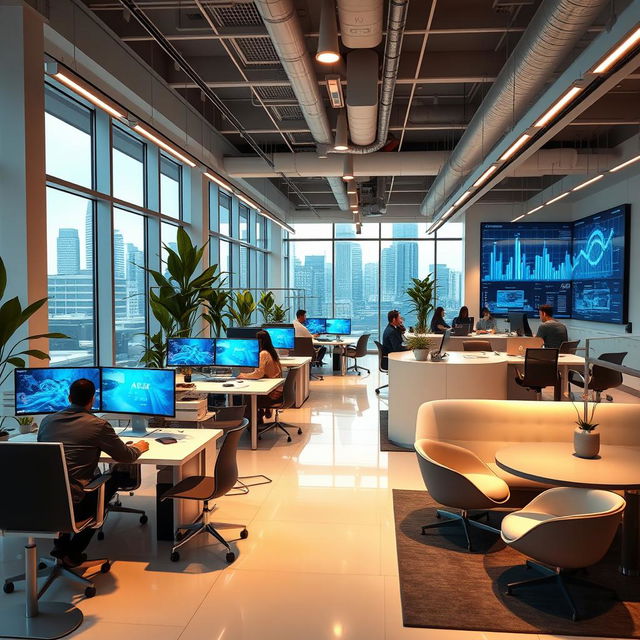 a modern corporate office of a technology company, featuring sleek furniture, large glass windows with views of a city skyline, high-tech workstations equipped with dual monitors, vibrant indoor plants for a fresh atmosphere, collaborative spaces with stylish chairs and tables, warm lighting, and digital screens displaying tech innovations