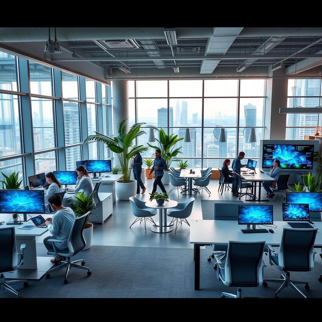 a modern corporate office of a technology company, featuring sleek furniture, large glass windows with views of a city skyline, high-tech workstations equipped with dual monitors, vibrant indoor plants for a fresh atmosphere, collaborative spaces with stylish chairs and tables, warm lighting, and digital screens displaying tech innovations