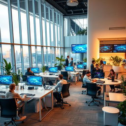 a modern corporate office of a technology company, featuring sleek furniture, large glass windows with views of a city skyline, high-tech workstations equipped with dual monitors, vibrant indoor plants for a fresh atmosphere, collaborative spaces with stylish chairs and tables, warm lighting, and digital screens displaying tech innovations