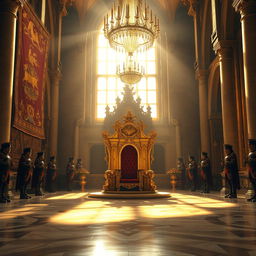 A grand royal throne room bathed in golden light, featuring intricate medieval decor