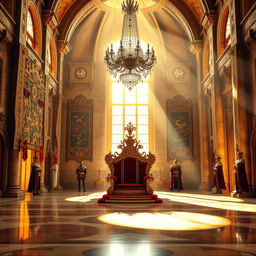 A grand royal throne room bathed in golden light, featuring intricate medieval decor