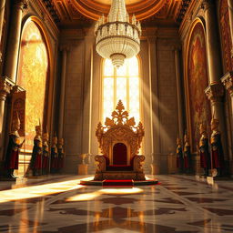 A grand royal throne room bathed in golden light, featuring intricate medieval decor