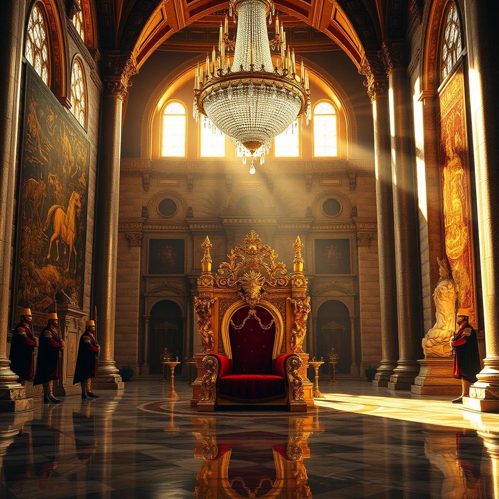 A grand royal throne room bathed in golden light, featuring intricate medieval decor