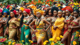 A vibrant and colorful scene featuring hundreds of beautiful African women from various tribes, showcasing their stunning traditional attire