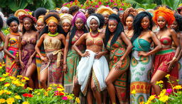 A vibrant and colorful scene featuring hundreds of beautiful African women from various tribes, showcasing their stunning traditional attire