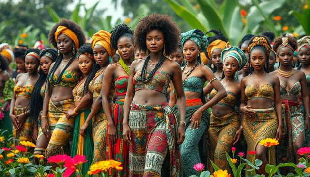 A vibrant and colorful scene featuring hundreds of beautiful African women from various tribes, showcasing their stunning traditional attire