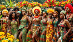 A vibrant and colorful scene featuring hundreds of beautiful African women from various tribes, showcasing their stunning traditional attire